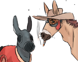 Size: 1280x1021 | Tagged: safe, artist:bestpartofwakingup, derpibooru import, donkey, hybrid, mule, pony, bust, cigarette, clothes, duo, gas mask, hat, mask, ponified, pyro, simple background, smoking, sniper, team fortress 2, white background