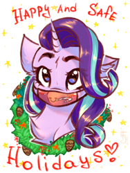 Size: 1200x1600 | Tagged: safe, artist:falafeljake, derpibooru import, starlight glimmer, pony, unicorn, bust, christmas wreath, face mask, mask, simple background, solo, stay at home, stay safe, white background, wreath