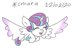 Size: 1031x651 | Tagged: safe, artist:cmara, derpibooru import, princess flurry heart, alicorn, pony, baby, baby pony, cute, diaper, eyes closed, female, filly, flurrybetes, flying, open mouth, simple background, solo, traditional art, white background