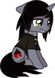 Size: 782x1112 | Tagged: safe, artist:lightningbolt, derpibooru exclusive, derpibooru import, pony, unicorn, .svg available, clothes, crying, disguise, disguised siren, fangs, floppy ears, horn, jewelry, kellin quinn, male, necklace, ponified, sad, shirt, simple background, sleeping with sirens, slit eyes, stallion, svg, t-shirt, transparent background, vector, wavy mouth
