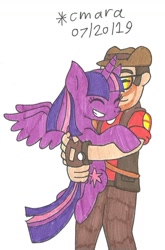 Size: 821x1247 | Tagged: safe, artist:cmara, derpibooru import, twilight sparkle, twilight sparkle (alicorn), alicorn, best friends, best pony, hug, sniper, team fortress 2, traditional art