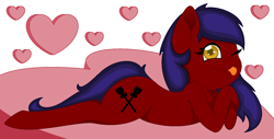 Size: 1516x772 | Tagged: safe, artist:horsesrnaked, derpibooru import, oc, oc:fluffycuffs, earth pony, pony, cute, cutie mark, heart, loose hair, love, lying down, natural, no accessories, no accessory, no makeup, one eye closed, simple background, solo, tongue out, white background, wink