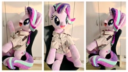 Size: 1024x576 | Tagged: safe, artist:nekokevin, starlight glimmer, pony, unicorn, series:nekokevin's glimmy, clothes, female, irl, life size, looking at you, mare, open mouth, photo, plushie, raised hoof, shirt, sitting, smiling, solo