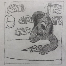 Size: 2300x2300 | Tagged: safe, artist:arkadios, oc, oc only, earth pony, pony, book, golden oaks library, monochrome, pencil drawing, reading, solo, traditional art