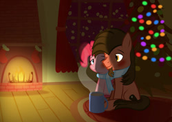 Size: 1280x905 | Tagged: safe, artist:mrkat7214, pinkie pie, oc, oc:ace play, earth pony, pony, blushing, canon x oc, christmas, christmas lights, christmas stocking, christmas tree, detailed background, drink, fire, fireplace, hot chocolate, looking at each other, mug, pinkieplay, scarf, shared clothing, shared scarf, shipping fuel, sitting, snowfall, steam, wink, winter