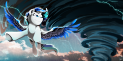 Size: 5000x2480 | Tagged: safe, artist:dormin-dim, oc, oc only, oc:hawker hurricane, pegasus, pony, absurd resolution, cloud, flying, lightning, male, rain, sky, solo, spread wings, stallion, storm, tornado, underhoof