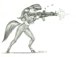 Size: 1400x1065 | Tagged: safe, artist:baron engel, octavia melody, anthro, earth pony, unguligrade anthro, ammunition, badass, bullet, clothes, female, firing, grayscale, gun, mare, monochrome, open mouth, pencil drawing, rifle, simple background, solo, traditional art, weapon, white background