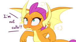 Size: 1200x672 | Tagged: safe, artist:maren, smolder, dragon, angry, blushing, cute, dialogue, female, fist, i'm not cute, mad, shrunken pupils, simple background, smolderbetes, solo, spread wings, steam, sweatdrop, white background