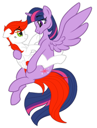 Size: 906x1193 | Tagged: safe, artist:daydreamingdragon123, derpibooru import, twilight sparkle, twilight sparkle (alicorn), oc, oc:pearl rose, alicorn, pegasus, pony, canon x oc, looking at each other, loving embrace, shipping, simple background, transparent background