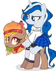 Size: 2130x2710 | Tagged: safe, artist:seichi, derpibooru import, oc, oc only, oc:balmoral, oc:patty (ice1517), earth pony, pony, unicorn, american flag, blushing, burger, clothes, commission, duo, female, food, freckles, hat, jersey, ketchup, kilt, lettuce, looking at each other, mare, mustard, nation ponies, ponies riding ponies, ponified, raised eyebrow, riding, sauce, scotland, simple background, skirt, sweater, tomato, transparent background, ych result