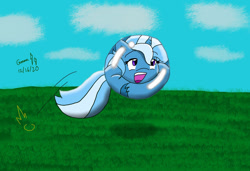 Size: 1280x875 | Tagged: safe, artist:gmangamer25, derpibooru import, trixie, pony, unicorn, ball, bouncing, cartoon physics, cloud, cute, diatrixes, female, grass, happy, inanimate tf, mare, morph ball, solo, transformation, trixieball