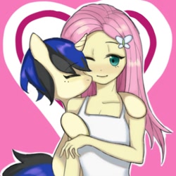 Size: 1004x1002 | Tagged: safe, artist:矢川千野, derpibooru import, fluttershy, oc, oc:forestar, pony, unicorn, equestria girls, cute, kissing, love