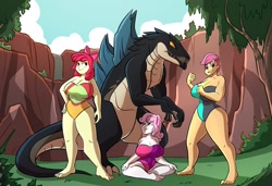 Size: 1280x873 | Tagged: safe, artist:caiman2, derpibooru import, apple bloom, scootaloo, sweetie belle, oc, kaiju, equestria girls, apple bloomed, big breasts, boobaloo, breasts, busty cmc, crack shipping, crossover, crossover shipping, cutie mark crusaders, female, giantess, godzilla (series), godzilla the series, huge breasts, komodithrax, macro, offspring from another series, shipping, sweetie boobs, zilla junior