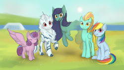 Size: 1920x1080 | Tagged: safe, artist:108fiona8fay, derpibooru import, lightning dust, princess flurry heart, rainbow dash, oc, kirin, pegasus, pony, older