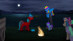 Size: 3840x2160 | Tagged: safe, artist:108fiona8fay, derpibooru import, oc, oc only, earth pony, pegasus, pony, unicorn, female, filly, fire, magic, male, mare, rain, stallion