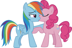 Size: 2999x2000 | Tagged: safe, artist:james-li, pinkie pie, rainbow dash, earth pony, pegasus, pony, duo, eyes closed, female, females only, hoof on chest, kissing, lesbian, lidded eyes, pinkiedash, raised eyebrow, raised hoof, shipping, simple background, touching chest, touching face, white background