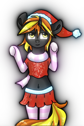 Size: 2252x3399 | Tagged: safe, artist:apple joy, artist:sunrise pegasus, derpibooru import, oc, oc only, oc:java, semi-anthro, unicorn, belly button, christmas, clothes, hat, holiday, midriff, santa hat, scarf, simple background, skirt, socks, striped socks, transparent background