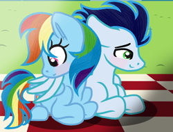 Size: 860x654 | Tagged: safe, artist:thunderlight812, derpibooru import, rainbow dash, soarin', pegasus, pony, blushing, female, hug, looking away, lying down, male, picnic blanket, prone, shipping, soarindash, straight, winghug