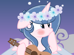 Size: 924x696 | Tagged: safe, artist:lominicinfinity, derpibooru import, oc, oc only, oc:sparkdust knight, alicorn, pony, alicorn oc, blushing, female, floral head wreath, flower, gradient background, guitar, mare, musical instrument, solo