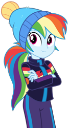 Size: 1494x2769 | Tagged: safe, artist:sketchmcreations, derpibooru import, rainbow dash, better together, equestria girls, holidays unwrapped, alternate hairstyle, blizzard or bust, clothes, crossed arms, female, hat, jacket, looking at you, ponytail, simple background, smiling, toque, transparent background, vector, winter outfit