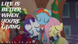 Size: 1920x1080 | Tagged: safe, derpibooru import, edit, edited screencap, editor:quoterific, screencap, flutterholly, fluttershy, merry, rainbow dash, rarity, pegasus, pony, unicorn, a hearth's warming tail, 8, bowtie, clothes, compassion, cute, dashabetes, eyes closed, group hug, heartwarming, hug, ivory shirt, kindness, rainbow dash always dresses in style, rainbow dash is best pony, shirt, sisterly love, snowdash, waistcoat