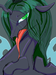 Size: 2048x2732 | Tagged: safe, artist:ほげちき, derpibooru import, queen chrysalis, changeling, changeling queen, bust, fangs, female, long tongue, open mouth, solo, tongue out