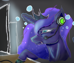 Size: 1330x1146 | Tagged: safe, alternate version, artist:ほげちき, derpibooru import, princess luna, alicorn, pony, bust, computer, computer mouse, female, gamer luna, headset, jewelry, mare, solo, tiara, tired