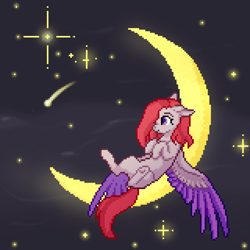 Size: 1600x1600 | Tagged: safe, artist:scorpion, derpibooru import, oc, oc only, oc:caffeine creamaccina, pegasus, pony, commission, crescent moon, moon, night, pegasus oc, pixel art, smiling, stars, tangible heavenly object, transparent moon, two toned wings, underhoof, wings, ych result