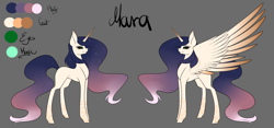 Size: 4054x1900 | Tagged: safe, artist:minelvi, derpibooru import, oc, oc only, alicorn, pony, unicorn, alicorn oc, duo, female, gray background, horn, mare, reference sheet, simple background, unicorn oc, wings