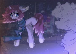 Size: 2700x1900 | Tagged: safe, artist:astralblues19, derpibooru import, oc, pony, unicorn, chest fluff, clothes, ear fluff, female, fluffy, hoof fluff, leg fluff, sad, scarf, wind