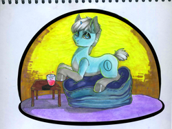 Size: 2526x1896 | Tagged: safe, artist:leastways, derpibooru import, oc, oc only, oc:iso, unicorn, abstract background, cushion, female, horn, marker drawing, pencil drawing, solo, table, traditional art, unicorn oc