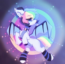 Size: 2271x2235 | Tagged: safe, artist:astralblues19, derpibooru import, oc, oc only, hybrid, original species, pony, chest fluff, choker, clothes, collar, cute, ear fluff, fluffy, hoof fluff, leg fluff, shy, socks, solo, spiked choker, spread wings, wings