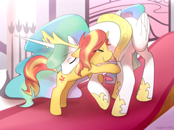 Size: 1024x768 | Tagged: safe, artist:haden-2375, derpibooru import, princess celestia, sunset shimmer, alicorn, pony, unicorn, better together, forgotten friendship, crown, crying, cute, daaaaaaaaaaaw, eyes closed, heartwarming, hoof shoes, hug, jewelry, regalia, scene interpretation, tears of joy, the prodigal sunset