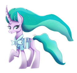 Size: 1024x979 | Tagged: safe, artist:nnaly, derpibooru import, mistmane, pony, unicorn, clothes, curved horn, female, flowing hair, flowing mane, flowing tail, horn, looking at you, mare, raised hoof, simple background, smiling, smiling at you, solo, transparent background