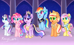 Size: 1024x624 | Tagged: safe, artist:resgi_art, derpibooru import, applejack, fluttershy, pinkie pie, rainbow dash, rarity, twilight sparkle, twilight sparkle (alicorn), alicorn, earth pony, pegasus, pony, unicorn, mane six, rainbow power, rainbow power-ified