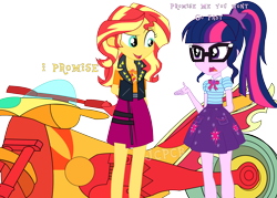 Size: 2076x1484 | Tagged: safe, artist:jcpreactyt, derpibooru import, sci-twi, sunset shimmer, twilight sparkle, equestria girls, clothes, couple, female, hair, lesbian, motorcycle, ride, scitwishimmer, shipping, simple background, skirt, standing, sunlight, sunsetsparkle, together, together forever, transparent background