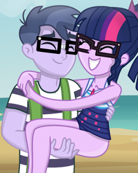 Size: 968x1208 | Tagged: safe, artist:grapefruitface1, derpibooru import, microchips, sci-twi, twilight sparkle, equestria girls, base used, beach, carrying, clothes, duo, eyes closed, female, glasses, happy, male, microlight, shipping, smiling, straight, stripes, swimsuit