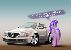 Size: 1469x1028 | Tagged: safe, artist:imadeoos, derpibooru import, twilight sparkle, unicorn twilight, pony, unicorn, car, female, mare, mercedes-benz, mercedes-benz sl-class, raised hoof, solo, text