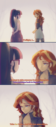 Size: 1200x2714 | Tagged: safe, artist:stummm, derpibooru import, sci-twi, sunset shimmer, twilight sparkle, equestria girls, comic, dialogue, female, implied adagio dazzle, implied lesbian, implied shipping, implied sunsagio, missing eye, mo dao zu shi, subtitles