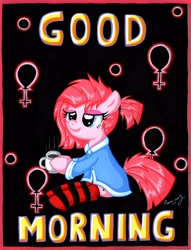 Size: 5025x6594 | Tagged: safe, artist:rammzblood, derpibooru import, pinkie pie, earth pony, pony, clothes, coffee mug, messy mane, mug, socks, striped socks