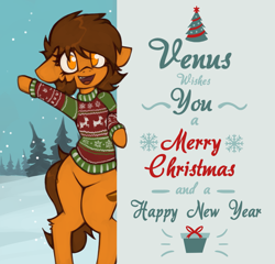 Size: 1813x1739 | Tagged: safe, artist:marsminer, derpibooru import, oc, oc only, oc:venus spring, earth pony, pony, bipedal, card, christmas, christmas sweater, clothes, cute, female, happy new year, holiday, looking at you, mare, merry christmas, new year, no pupils, ocbetes, open mouth, patreon, patreon reward, smiling, snow, solo, sweater, waving, winter