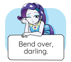 Size: 740x640 | Tagged: safe, artist:batipin, derpibooru import, edit, rarity, better together, equestria girls, bend over, darling, female, geode of shielding, looking at you, magical geodes, one eye closed, rarity peplum dress, solo, text edit, wink