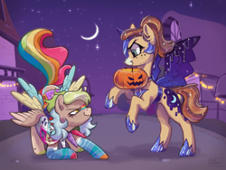 Size: 1920x1440 | Tagged: safe, artist:fault sunrise, derpibooru import, oc, oc only, pegasus, pony, bat wings, commission, crescent moon, cutie mark dress, duo, hoof shoes, moon, pegasus oc, pumpkin bucket, wings, ych result