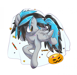 Size: 1920x1864 | Tagged: safe, artist:fault sunrise, derpibooru import, oc, oc only, pegasus, pony, basket, candy, food, halloween, holiday, pumpkin bucket, simple background, solo, white background