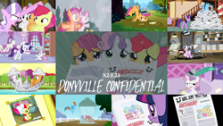 Size: 1986x1117 | Tagged: safe, derpibooru import, edit, edited screencap, editor:quoterific, screencap, apple bloom, diamond tiara, princess celestia, rainbow dash, rarity, scootaloo, snails, snips, sweetie belle, twilight sparkle, alicorn, pegasus, pony, unicorn, ponyville confidential, baby, baby apple bloom, cake, cakelestia, cutie mark crusaders, food, gabby gums, paper boat, printing press, rain, younger