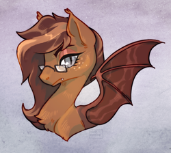 Size: 1920x1719 | Tagged: safe, artist:fault sunrise, derpibooru import, oc, oc only, bat pony, pony, abstract background, bat pony oc, bat wings, bust, chest fluff, female, glasses, looking at you, mare, solo, spread wings, wings