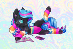 Size: 1920x1279 | Tagged: safe, artist:fault sunrise, derpibooru import, oc, oc only, oc:scribbler, earth pony, pony, abstract background, cassette player, clothes, earbuds, eyes closed, female, headphones, leg warmers, leotard, lying down, magazine, mare, on side, solo, stretching, unshorn fetlocks
