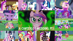 Size: 1986x1117 | Tagged: safe, derpibooru import, edit, edited screencap, editor:quoterific, screencap, applejack, fluttershy, pinkie pie, princess cadance, princess celestia, queen chrysalis, rainbow dash, rarity, shining armor, spike, twilight sparkle, alicorn, changeling, changeling queen, dragon, earth pony, pegasus, pony, unicorn, a canterlot wedding, bbbff, disguise, disguised changeling, fake cadance, mane six, picnic blanket, sunshine sunshine