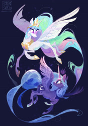 Size: 2550x3651 | Tagged: safe, artist:stasya_sher, derpibooru import, princess celestia, princess luna, alicorn, pony, blue background, crown, duo, female, high res, jewelry, looking at each other, mare, profile, regalia, royal sisters, siblings, simple background, sisters, spread wings, wings