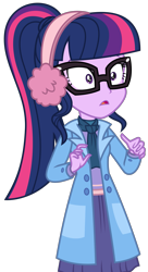 Size: 1503x2772 | Tagged: safe, artist:sketchmcreations, derpibooru import, sci-twi, twilight sparkle, better together, equestria girls, holidays unwrapped, blizzard or bust, clothes, coat, earmuffs, female, open mouth, scarf, simple background, surprised, transparent background, vector, winter outfit